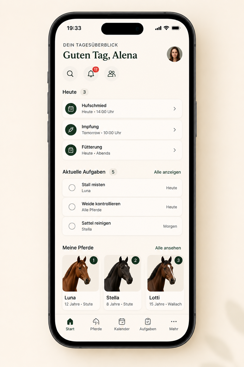 StallPilot App – Tagesübersicht mit Terminen, Aufgaben und Pferdeprofilen