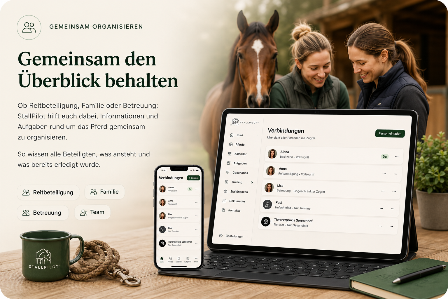 StallPilot verbindet Pferdebesitzer, Reitbeteiligungen und Betreuungspersonen und ermöglicht die gemeinsame Organisation von Informationen und Aufgaben rund ums Pferd.