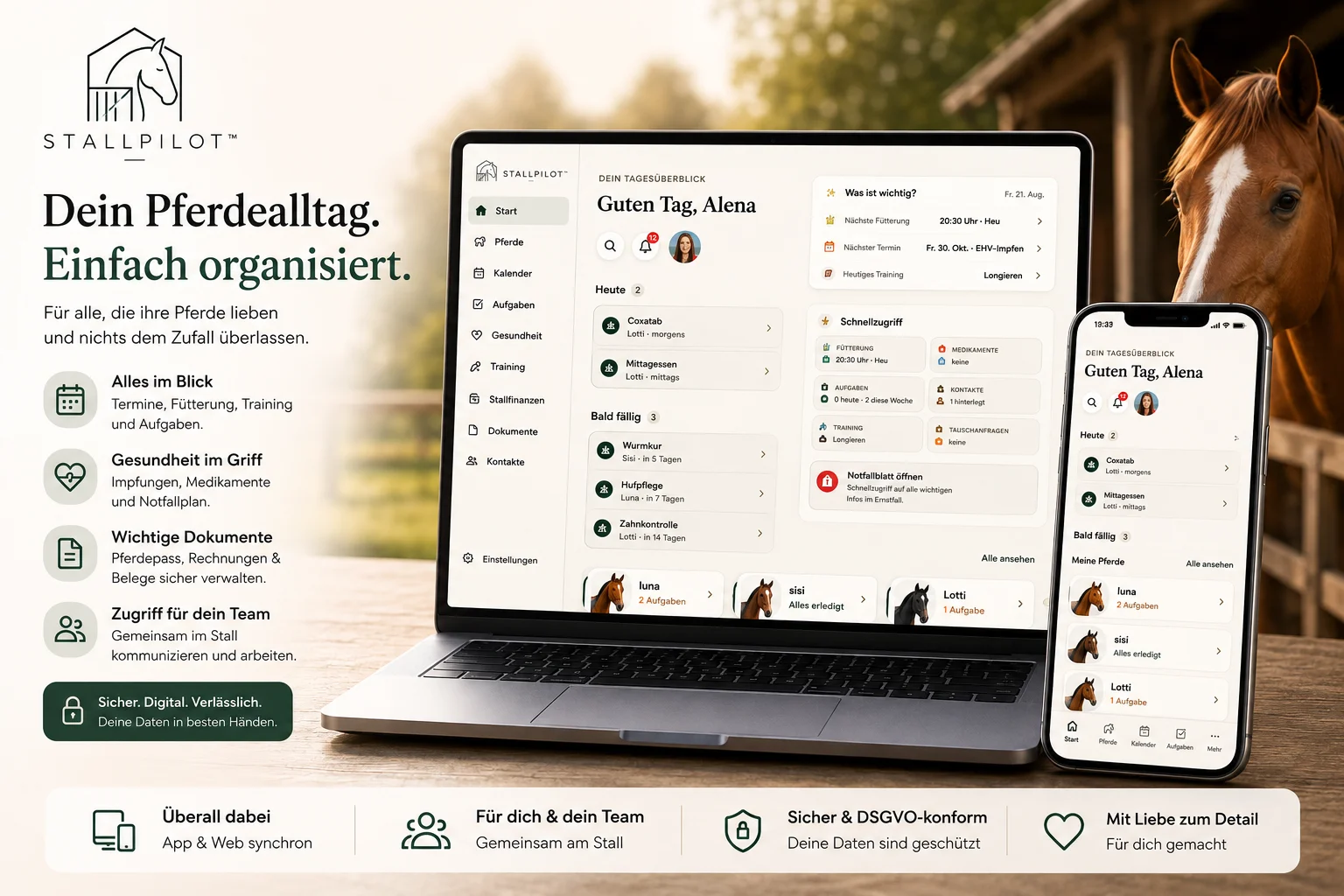 StallPilot Pferdemanagement-App auf Laptop und Smartphone mit Funktionen für Termine, Gesundheit, Training, Dokumente und Teamorganisation.